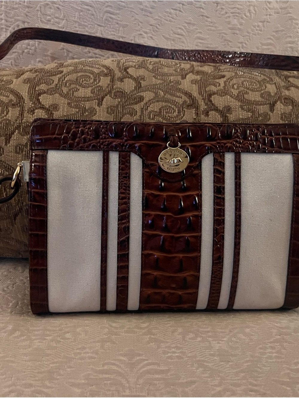 Brahmin Brown Croc-Embossed Leather & Cream Canvas Wristlet